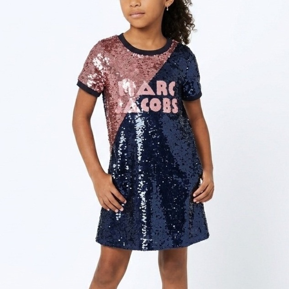 Marc Jacobs Sequin Dress Kids Size 6 Navy Pink Excellent Logo Shift W12298